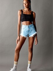 Own. Bleach Blue Embellished Frayed Hem Cheeky Denim Shorts - Image 1 of 4