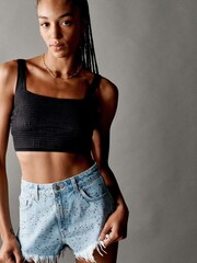 Own. Bleach Blue Embellished Frayed Hem Cheeky Denim Shorts - Image 2 of 4