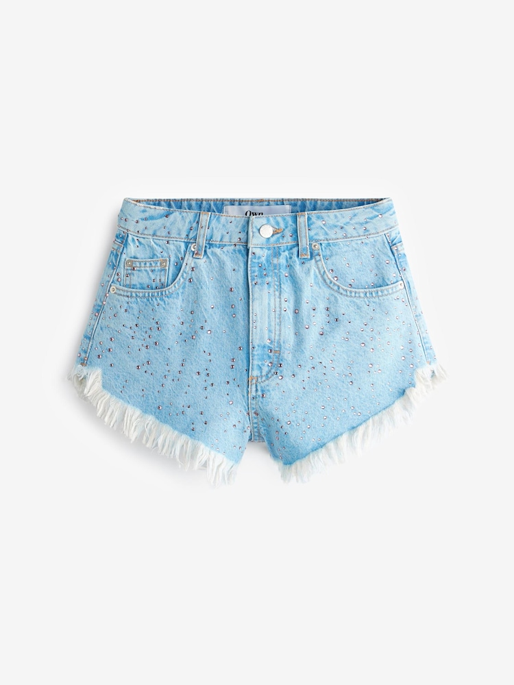 Own. Bleach Blue Embellished Frayed Hem Cheeky Denim Shorts - Image 4 of 4
