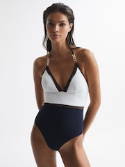 Reiss Navy Ray Halter Swimsuit - Image 1 of 6