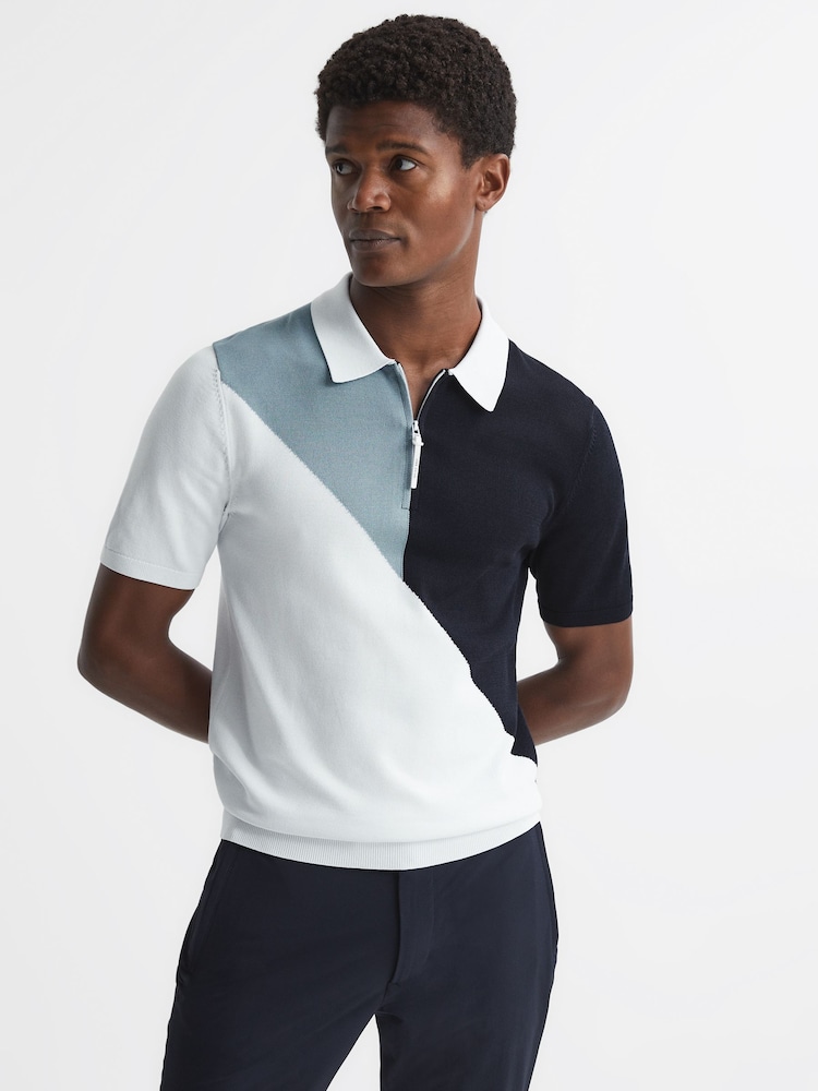 Reiss Navy/White Marks Golf Colourblock Half Zip Polo T-Shirt - Image 1 of 6