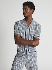 Reiss Blue Ripley Cuban Collar Geometric Shirt - Image 1 of 6