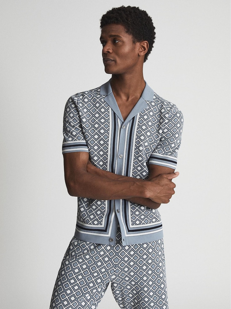 Reiss Blue Ripley Cuban Collar Geometric Shirt - Image 1 of 6