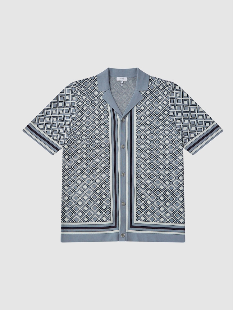 Reiss Blue Ripley Cuban Collar Geometric Shirt - Image 2 of 6