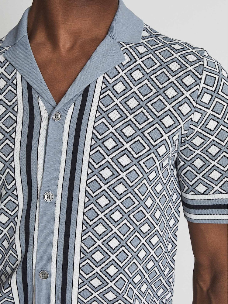 Reiss Blue Ripley Cuban Collar Geometric Shirt - Image 6 of 6