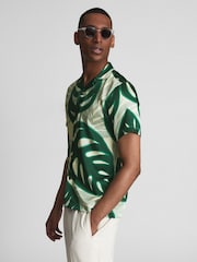 Reiss Green Yung Cuban Collar Monster Leaf Print Shirt - Image 1 of 5