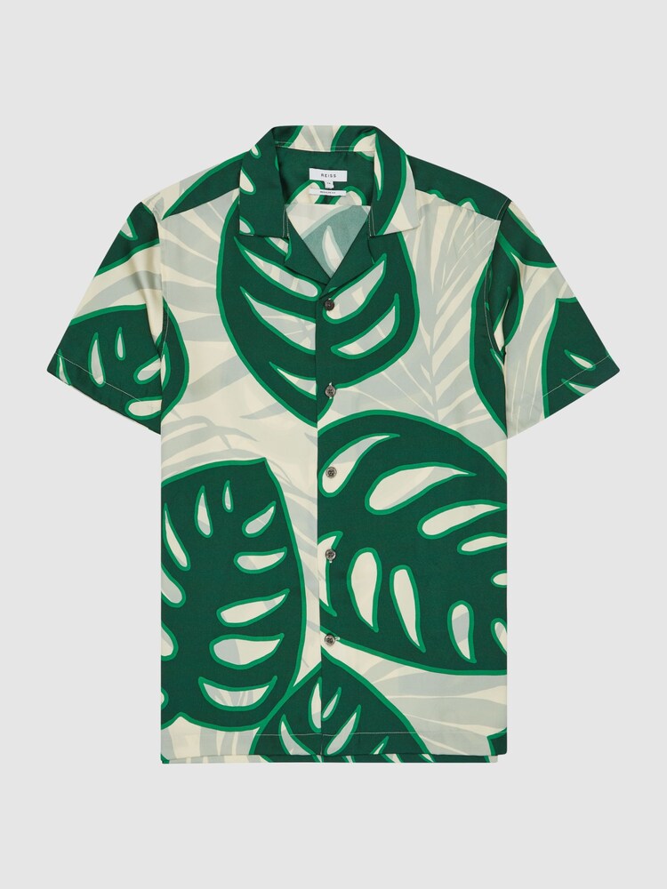 Reiss Green Yung Cuban Collar Monster Leaf Print Shirt - Image 2 of 5