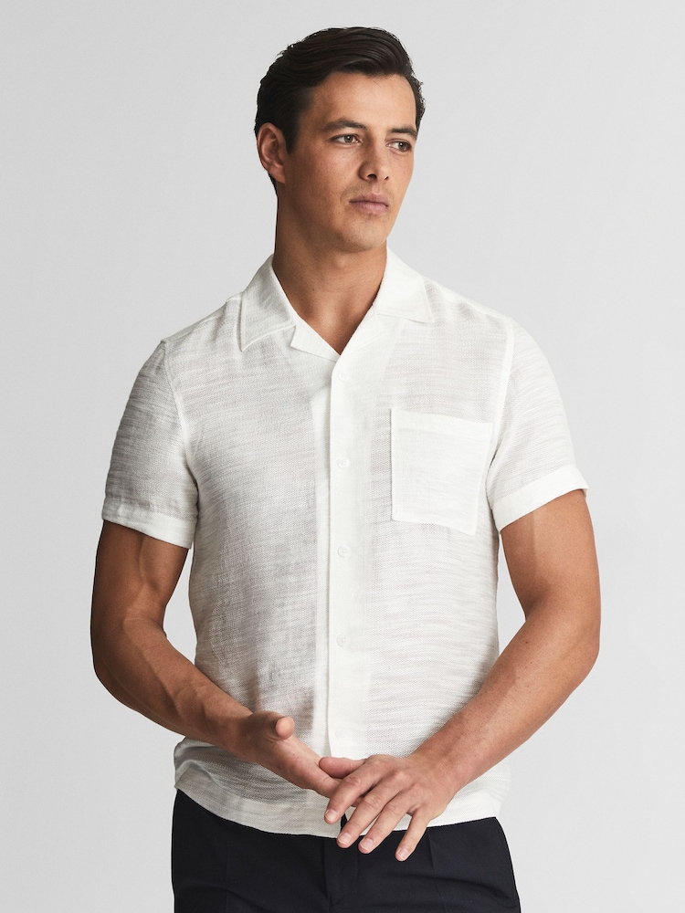 Reiss White Canevil Airtex Cuban Collar Shirt - Image 1 of 5 Reiss White Canevil Airtex Cuban Collar Shirt - Image 1 of 5