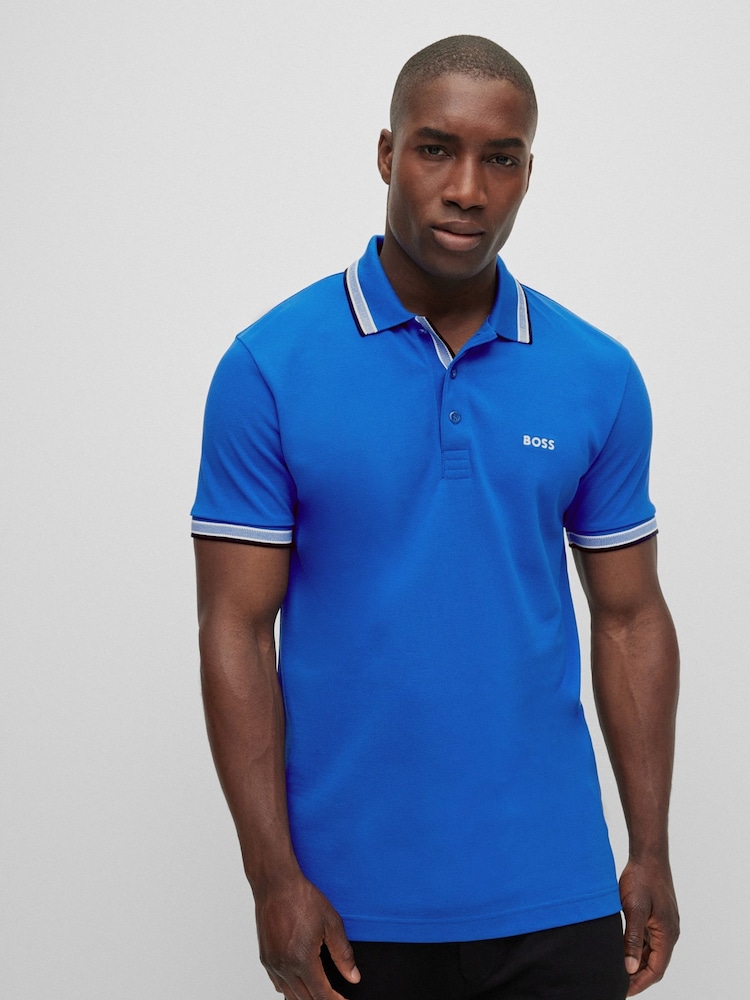 Синий/синий яркий - BOSS Regular Fit Paddy Tipped Collar 100% Cotton Polo Shirt - Image 1 of 8