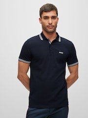 Синий - BOSS Regular Fit Paddy Tipped Collar 100% Cotton Polo Shirt - Image 1 of 8