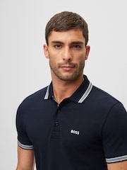 Синий - BOSS Regular Fit Paddy Tipped Collar 100% Cotton Polo Shirt - Image 4 of 8