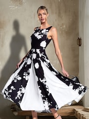 HotSquash Womens Black Box Pleat Midi Dress with Contrast Skirt - Image 1 of 7