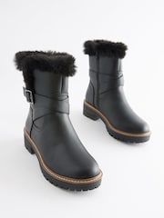 Black Extra Wide Fit Forever Comfort® Faux Fur Lined Buckle Detail Boots - Image 2 of 4