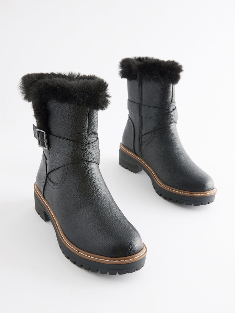 Black Extra Wide Fit Forever Comfort® Faux Fur Lined Buckle Detail Boots - Image 2 of 4