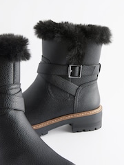 Black Extra Wide Fit Forever Comfort® Faux Fur Lined Buckle Detail Boots - Image 3 of 4