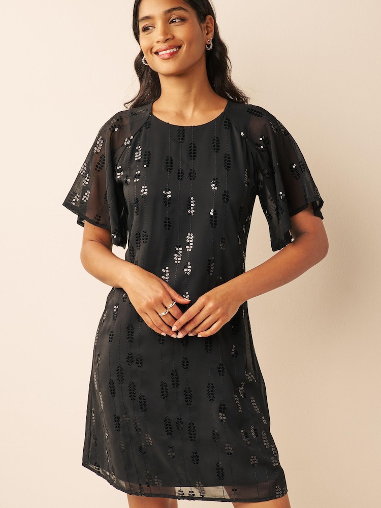Black Sequin Embellished Short Sleeve Shift Dress - Image 1 of 6 Black Sequin Embellished Short Sleeve Shift Dress - Image 1 of 6