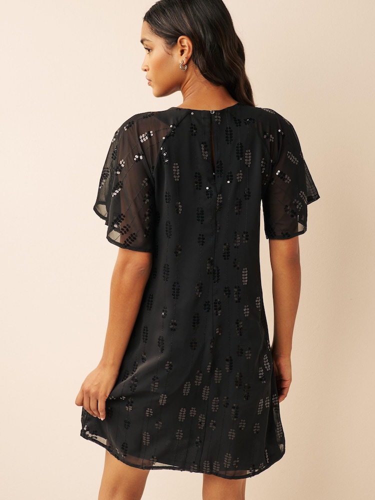 Black Sequin Embellished Short Sleeve Shift Dress - Image 2 of 6 Black Sequin Embellished Short Sleeve Shift Dress - Image 2 of 6