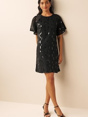 Black Sequin Embellished Short Sleeve Shift Dress - Image 3 of 6