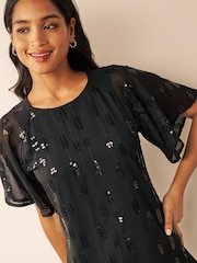Black Sequin Embellished Short Sleeve Shift Dress - Image 4 of 6