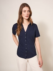 White Stuff Blue Pocket Penny Jersey 100% Cotton Shirt - Image 1 of 6