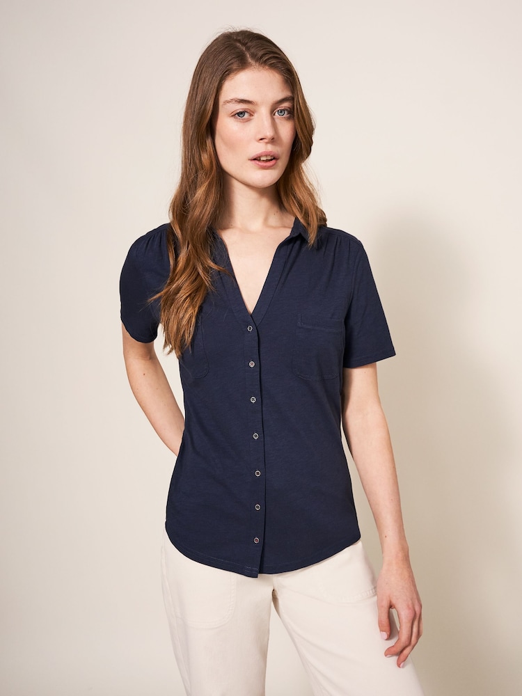 White Stuff Blue Pocket Penny Jersey 100% Cotton Shirt - Image 1 of 6
