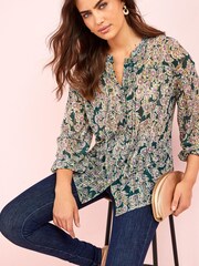 Green Floral Print Long Sleeve Tunic Blouse - Image 1 of 5