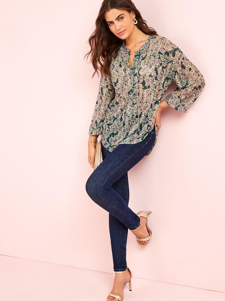 Green Floral Print Long Sleeve Tunic Blouse - Image 2 of 5