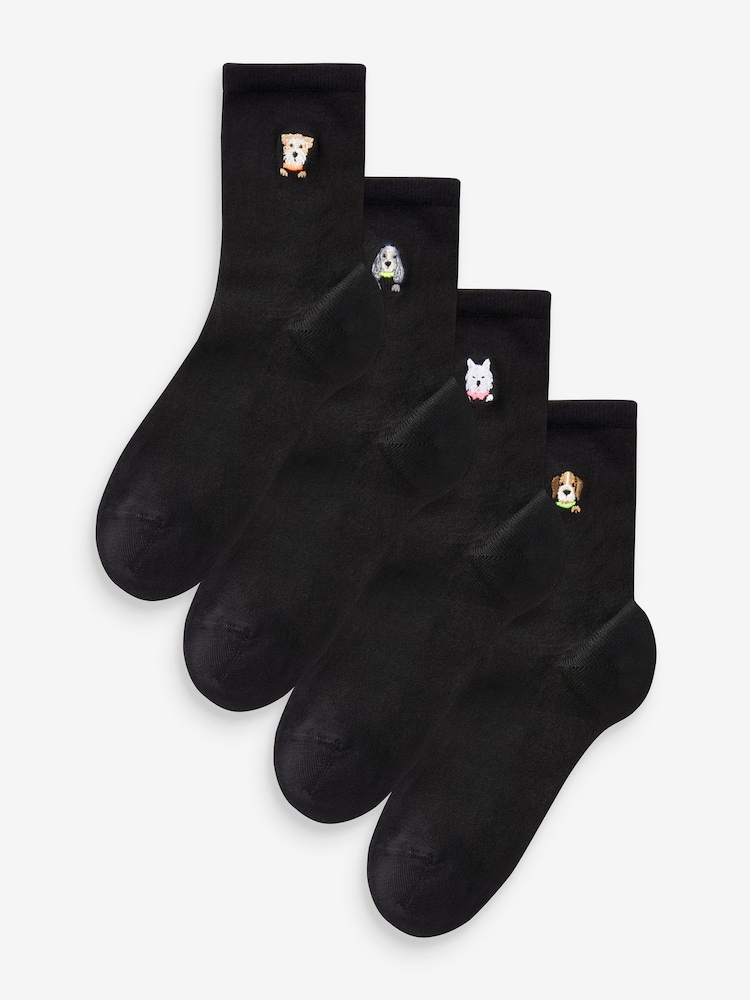 Dog Faces Embroidered Motif Ankle Socks 4 Pack - Image 1 of 5