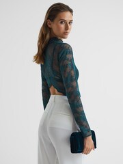 Reiss Green Shannon Lace High Neck Top - Image 1 of 6