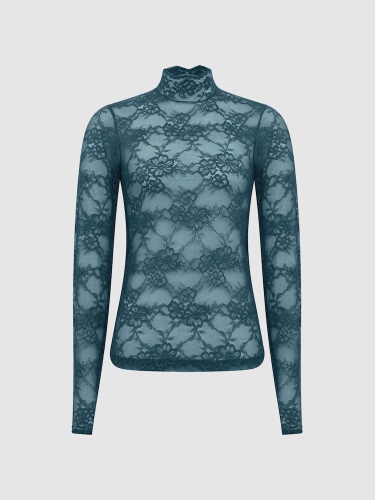 Reiss Green Shannon Lace High Neck Top - Image 2 of 6