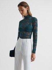 Reiss Green Shannon Lace High Neck Top - Image 4 of 6