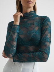 Reiss Green Shannon Lace High Neck Top - Image 6 of 6