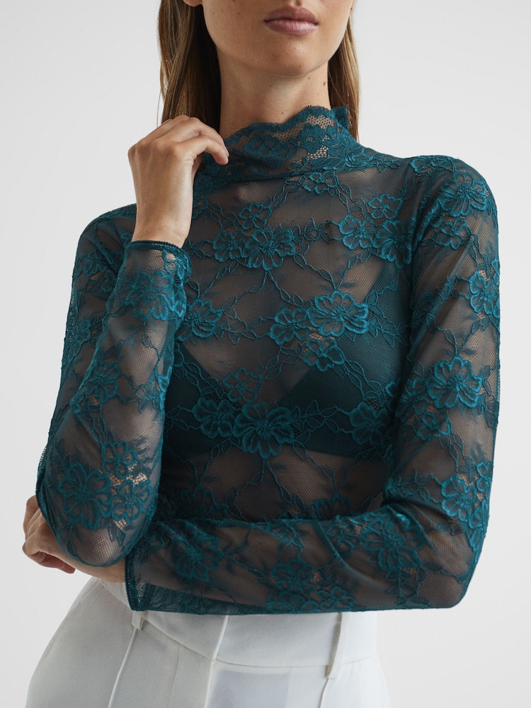 Reiss Green Shannon Lace High Neck Top - Image 6 of 6