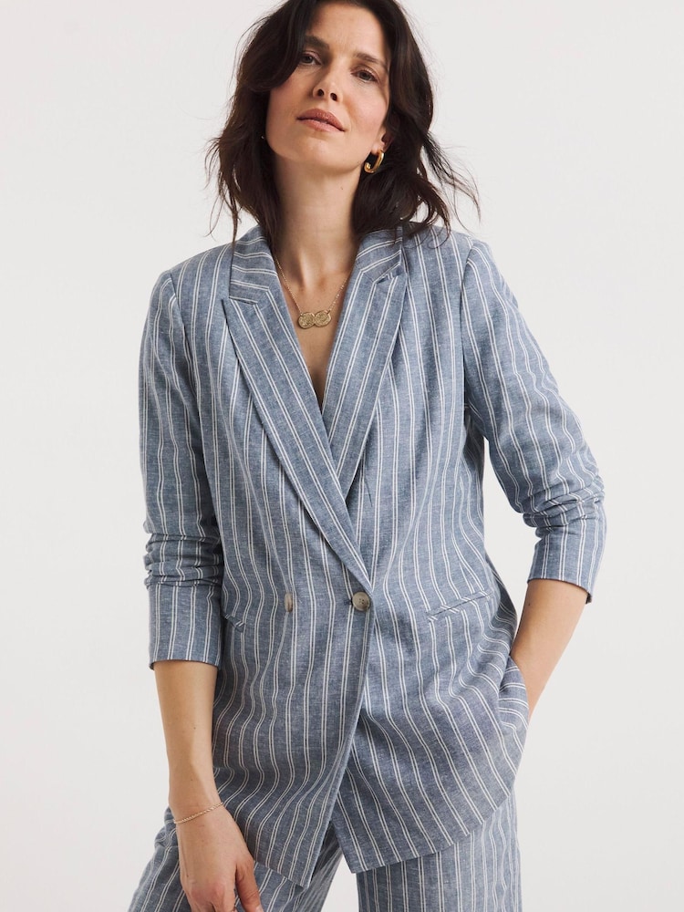 JD Williams Blue Stripe Seersucker Double Breasted Blazer - Image 1 of 5