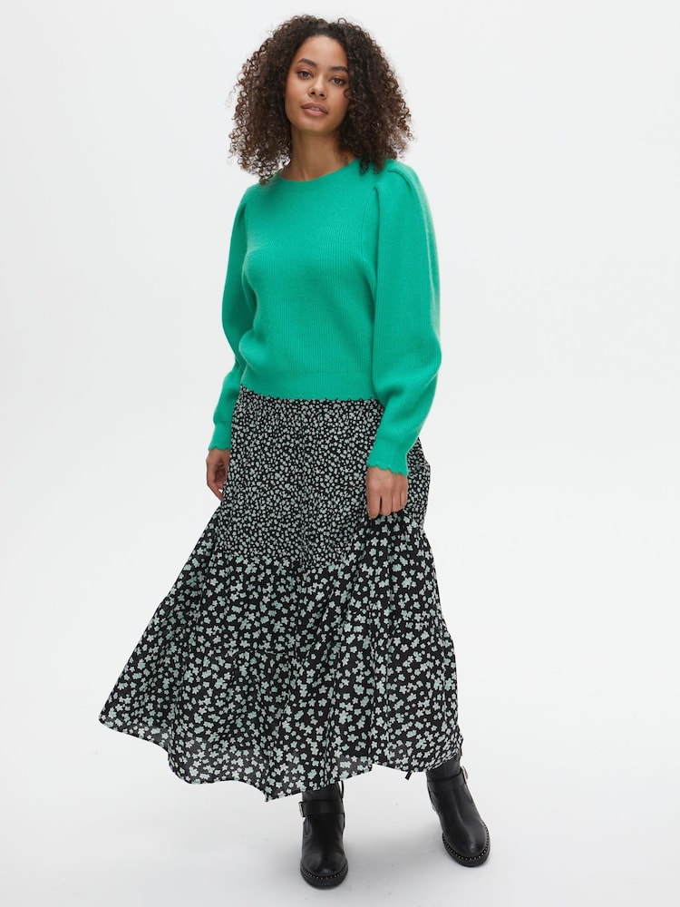 Oliver Bonas Dotty Ditsy Floral Print Black Tiered Midi Skirt - Image 1 of 6