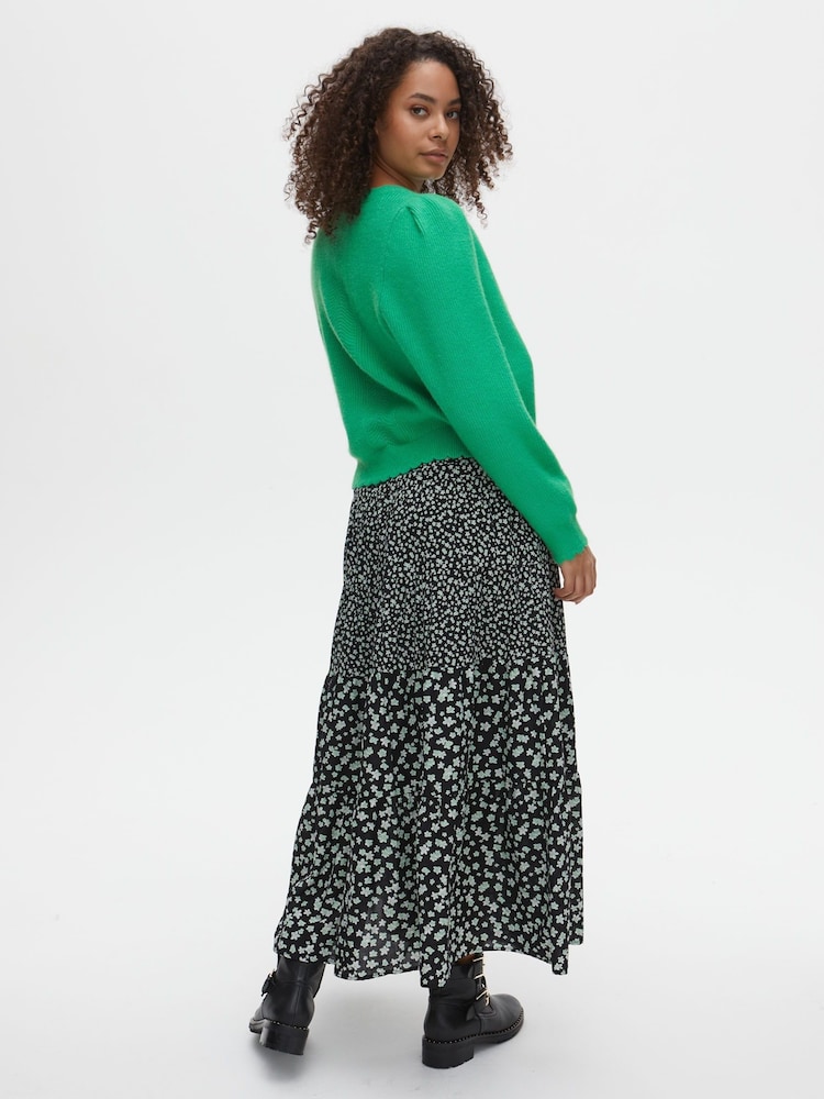 Oliver Bonas Dotty Ditsy Floral Print Black Tiered Midi Skirt - Image 2 of 6
