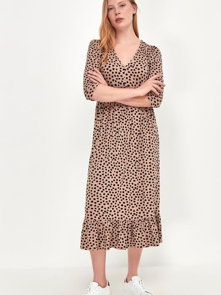 M&Co gepunktetes Midikleid mit V-Ausschnitt und Print, braun - Bild 1 von 3