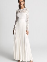 Reiss White Hazel Lace Top Pleated Dress - Image 1 of 7