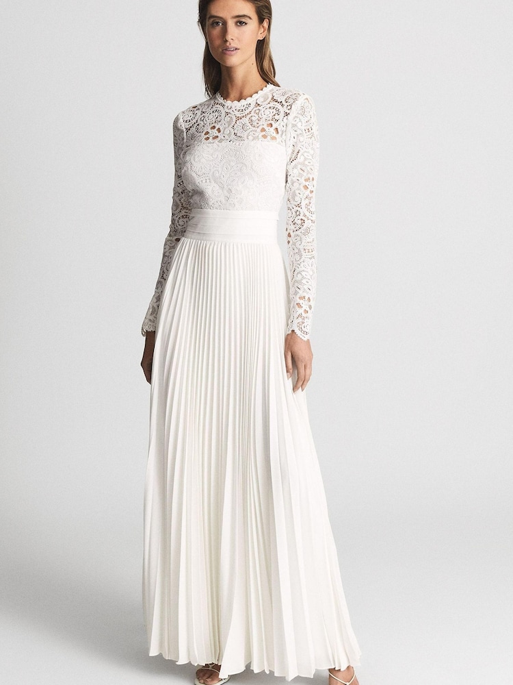 Reiss White Hazel Lace Top Pleated Dress - Image 1 of 7