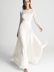 Reiss White Hazel Lace Top Pleated Dress - Image 3 of 7