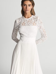 Reiss White Hazel Lace Top Pleated Dress - Image 6 of 7