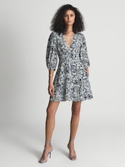 Reiss Blue Print Daisy Puff Sleeve Print Mini Dress - Image 1 of 6