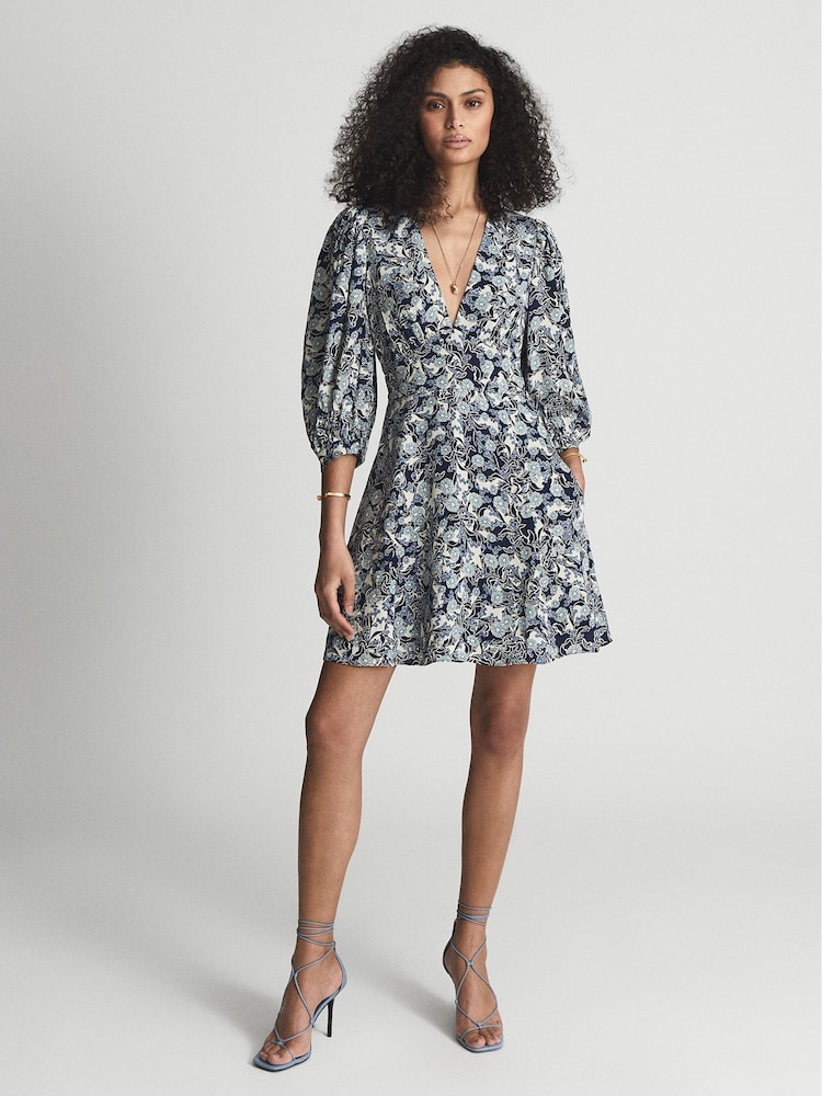 Reiss Blue Print Daisy Puff Sleeve Print Mini Dress - Image 1 of 6