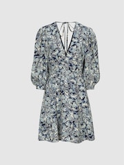 Reiss Blue Print Daisy Puff Sleeve Print Mini Dress - Image 2 of 6