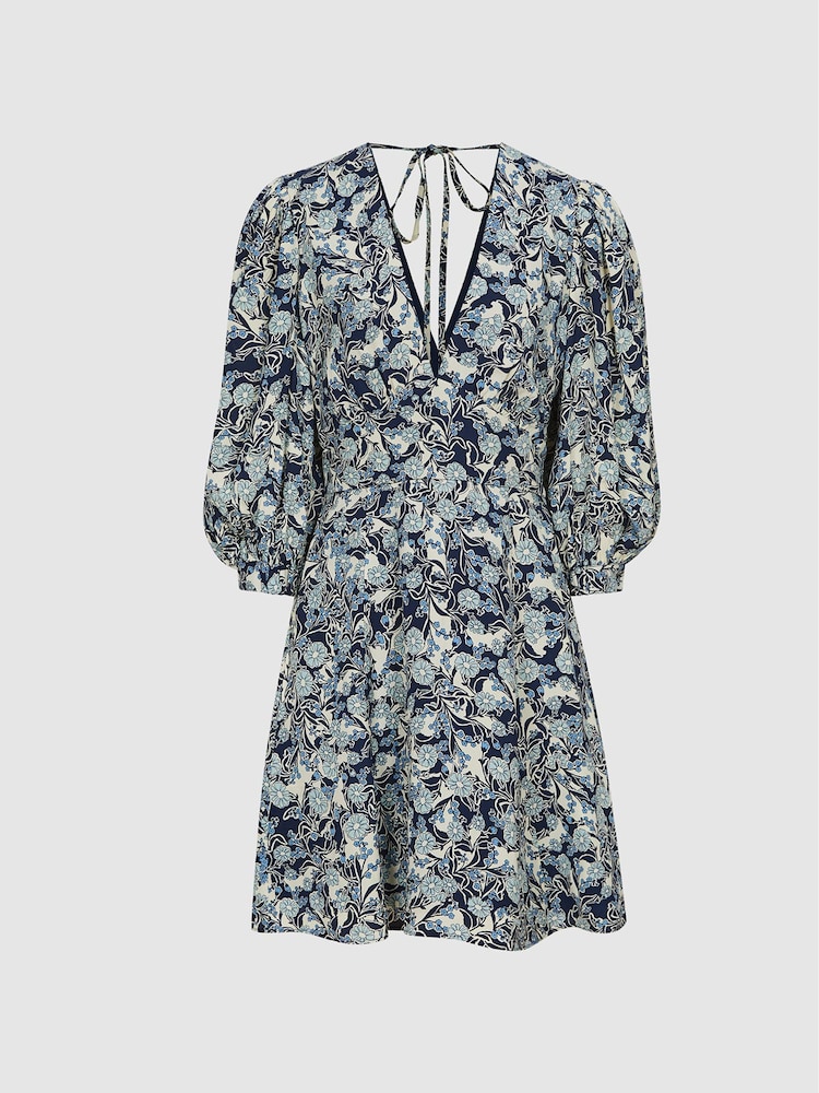 Reiss Blue Print Daisy Puff Sleeve Print Mini Dress - Image 2 of 6