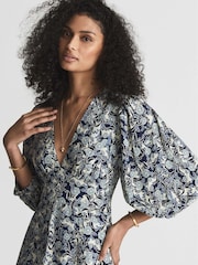 Reiss Blue Print Daisy Puff Sleeve Print Mini Dress - Image 3 of 6