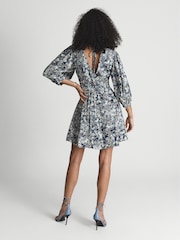 Reiss Blue Print Daisy Puff Sleeve Print Mini Dress - Image 5 of 6
