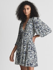 Reiss Blue Print Daisy Puff Sleeve Print Mini Dress - Image 6 of 6