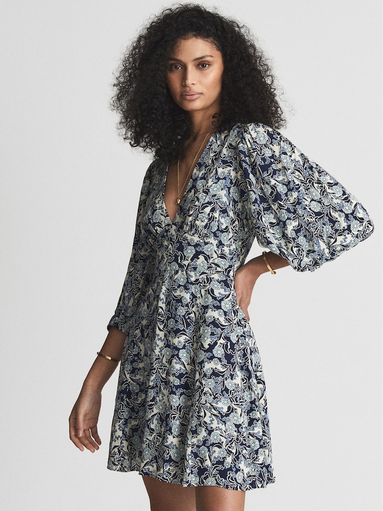 Reiss Blue Print Daisy Puff Sleeve Print Mini Dress - Image 6 of 6