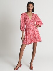 Reiss Coral Daisy Puff Sleeve Print Mini Dress - Image 3 of 7